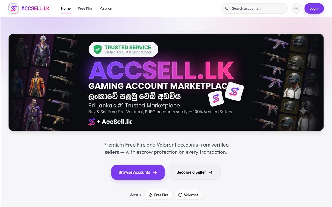 Homepage of AccSell.lk, Sri Lanka's gaming account marketplace
